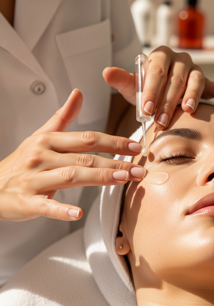 Signature behandeling — professionele aesthetician past serum aan tijdens een facial