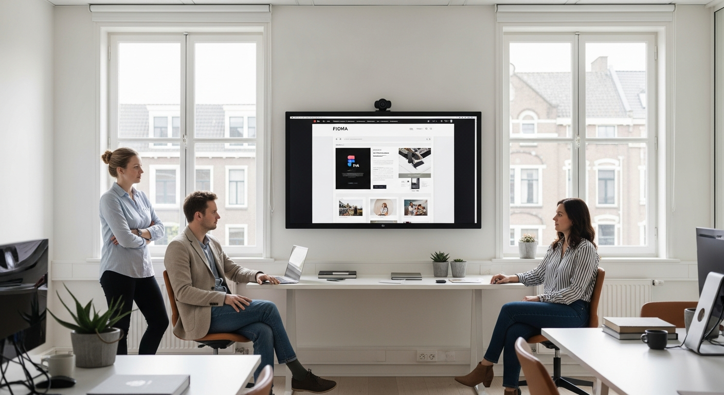 Designer past een Figma website template aan op een groot scherm in een moderne werkruimte