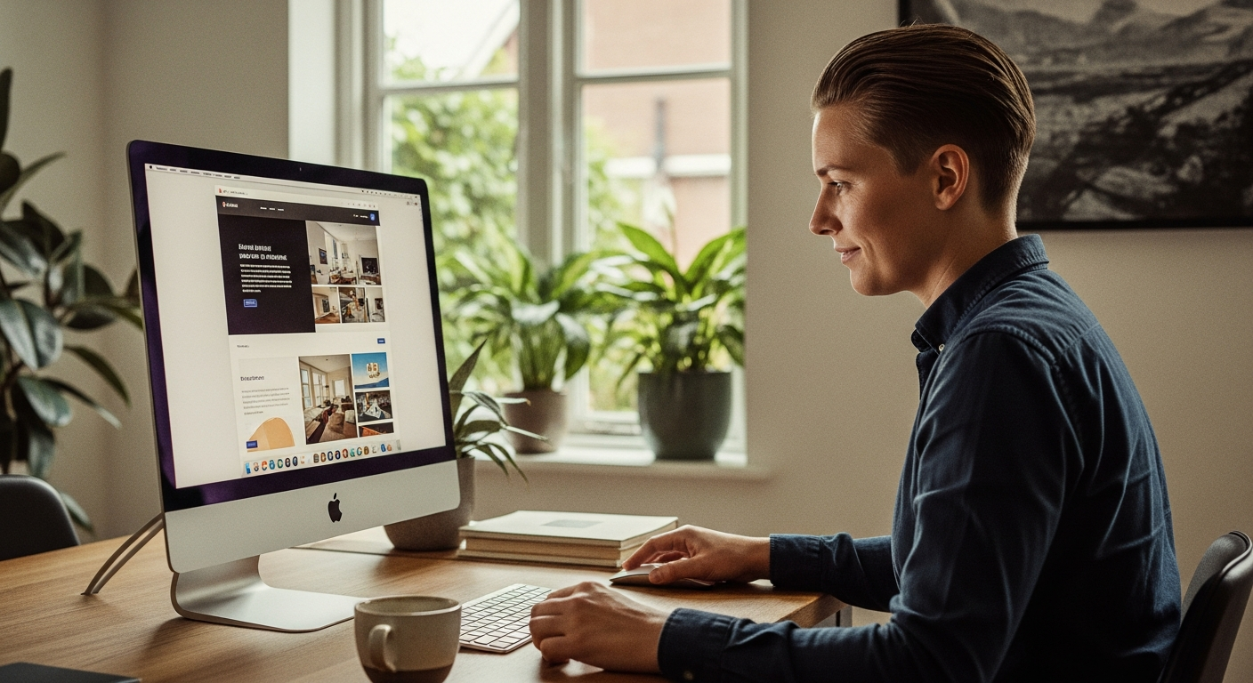 Designer werkt aan een Figma website template op een laptop aan een bureau