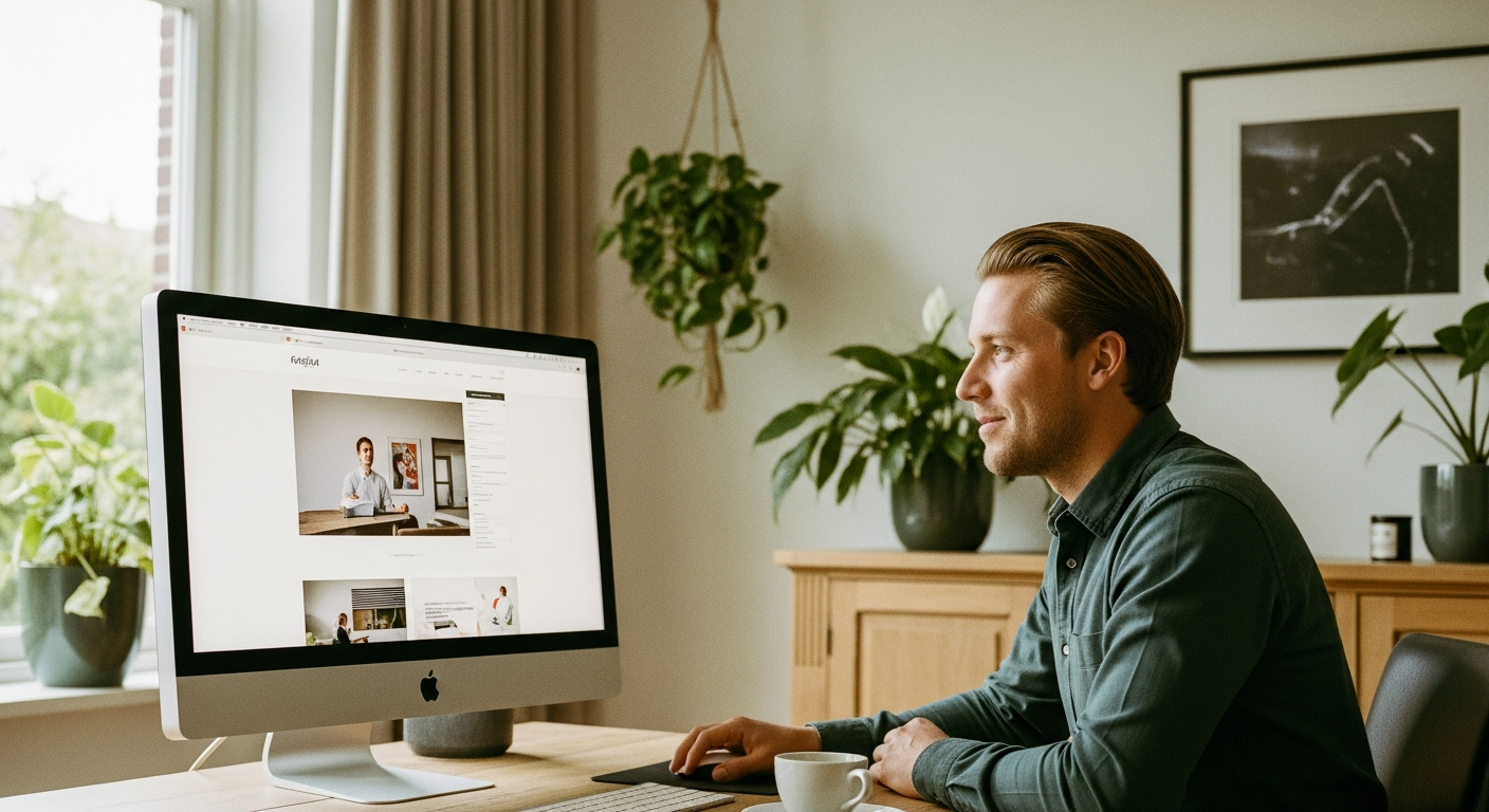 Ondernemer vergelijkt website builders op laptop aan bureau