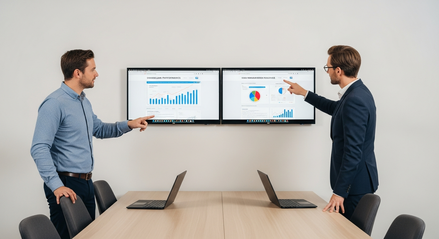 Ontwikkelaar en ondernemer bekijken website performance resultaten op twee schermen in kantooromgeving