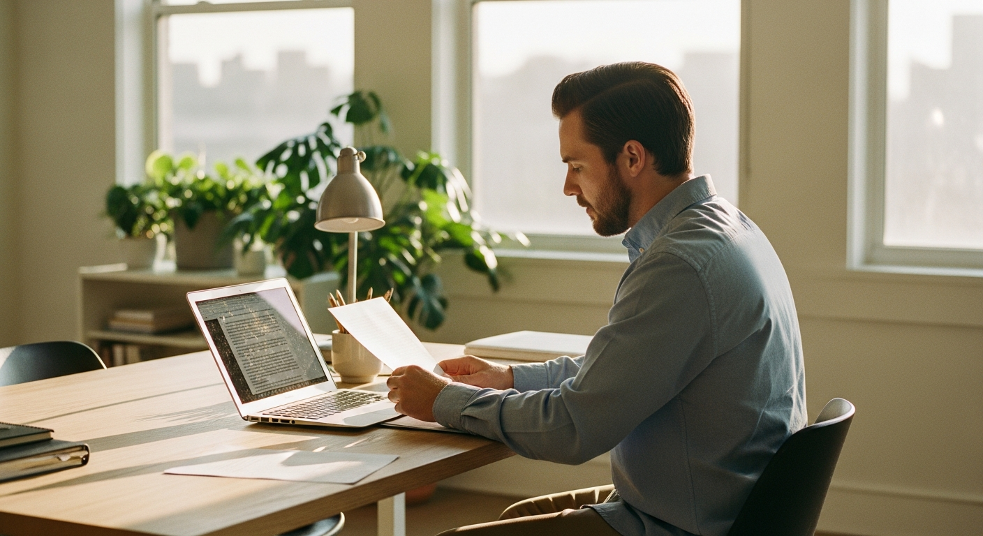 Ondernemer werkt aan een online banner maker op laptop aan bureau
