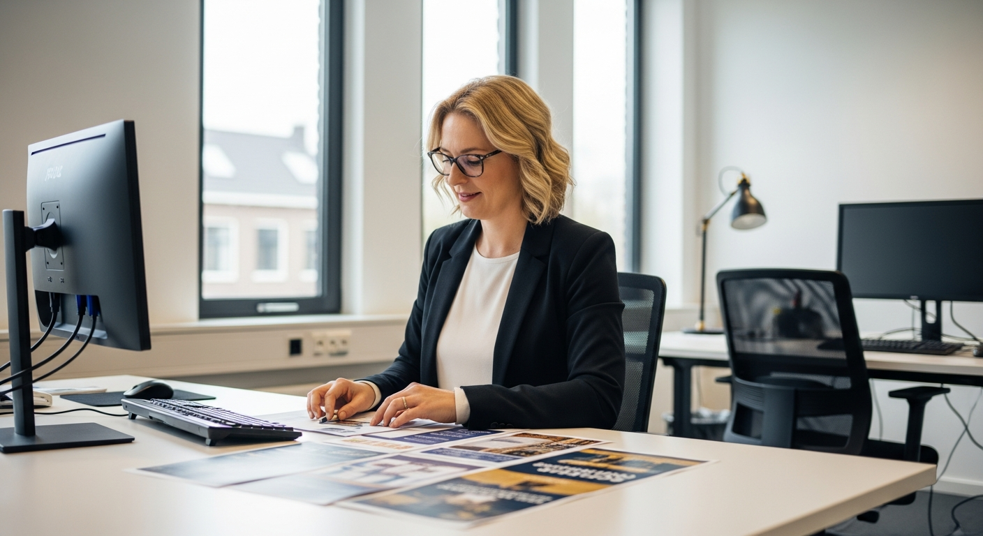 Ondernemer werkt aan flyer ontwerp achter bureau in lichte werkruimte