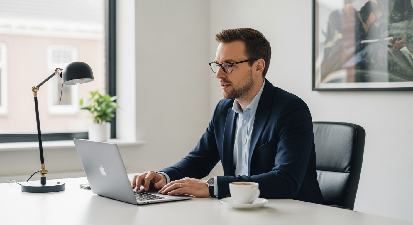 Ondernemer aan een opgeruimd bureau met een laptop en een kopje koffie, klaar voor een zakelijk videogesprek