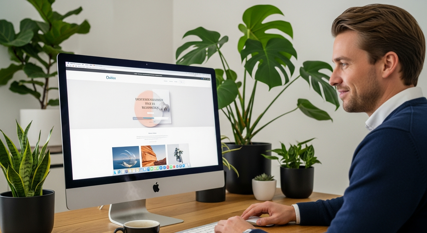 Ondernemer werkt aan laptop en bekijkt website builder opties voor zijn bedrijf