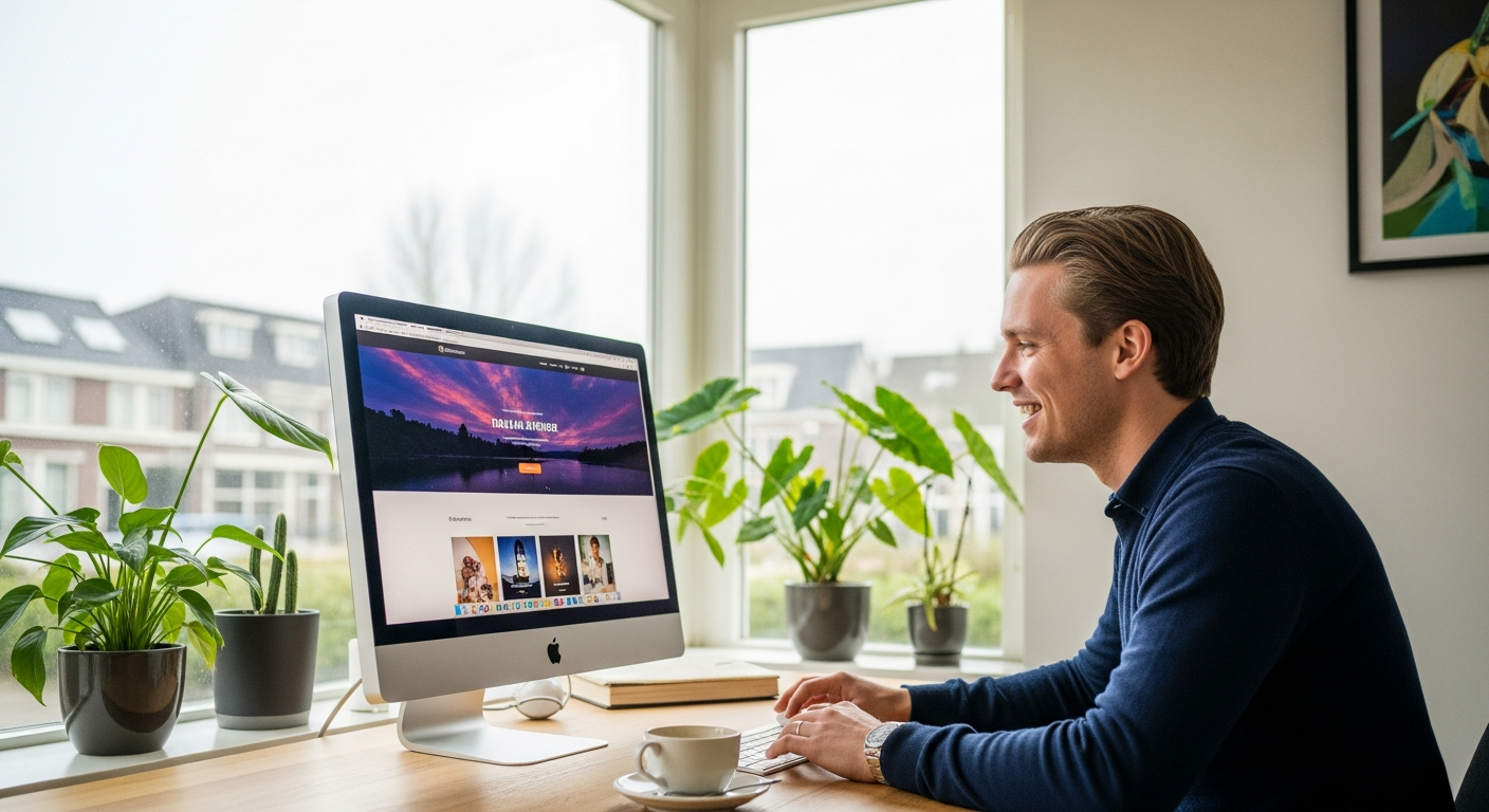 Moderne website met webshop interface op laptop en mobiel, klaar voor online verkoop