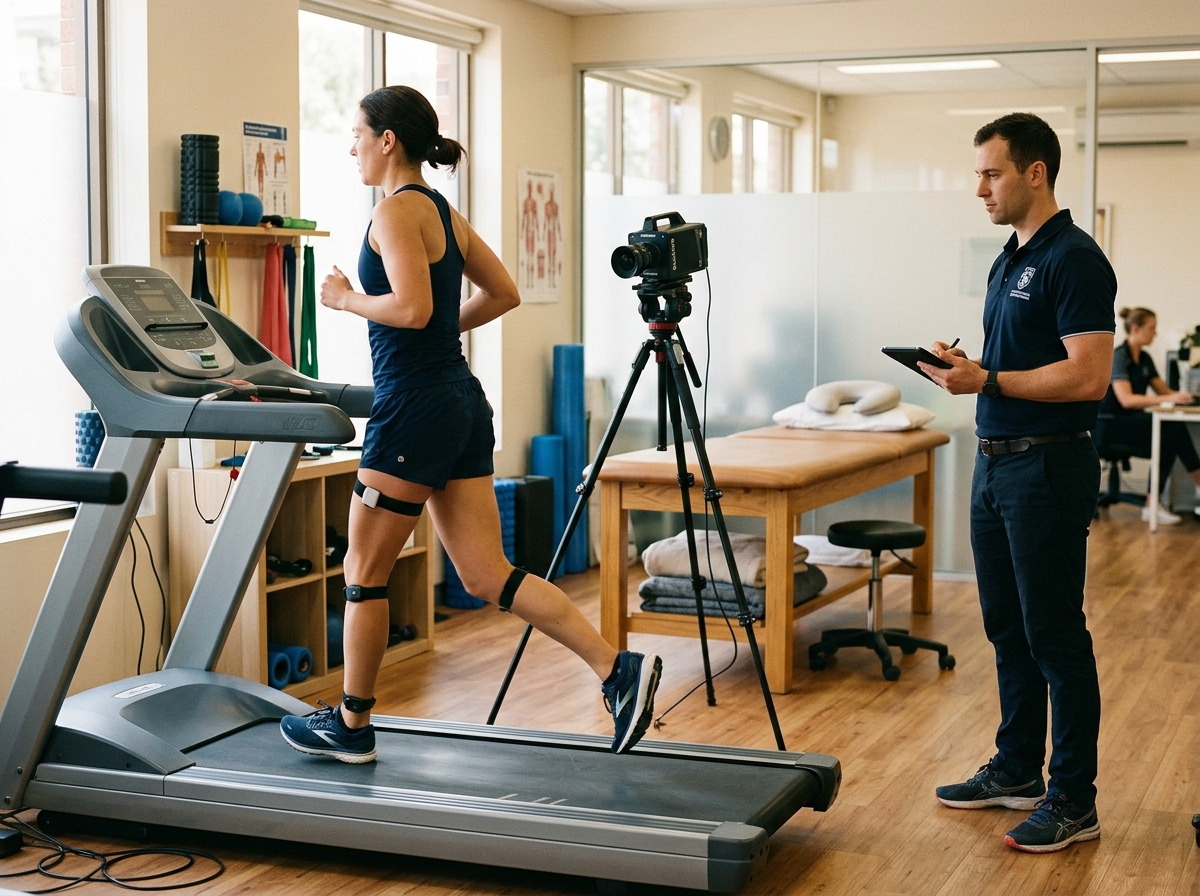 Hardloop-analyse op slow-motion treadmill in de praktijk, mid-stride