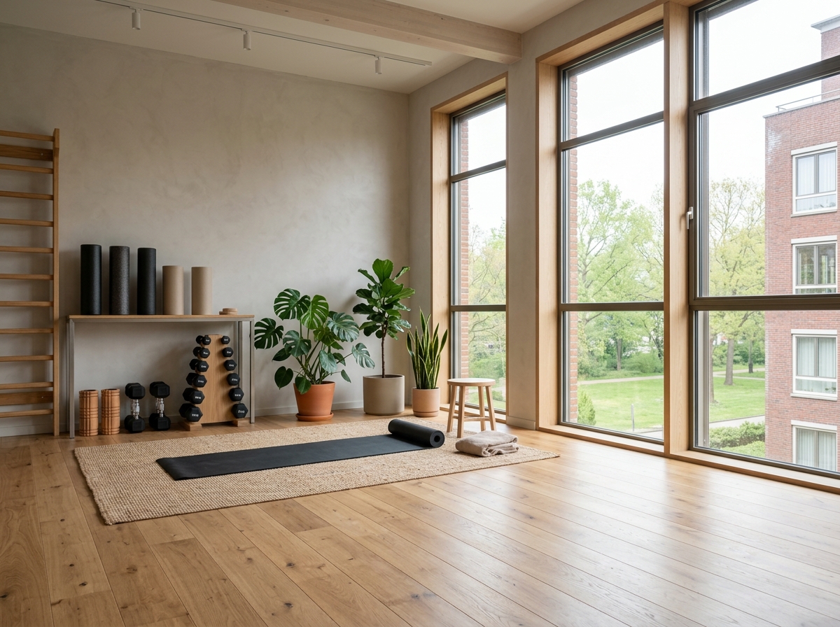 Praktijk-interieur met oefenhoek en planten