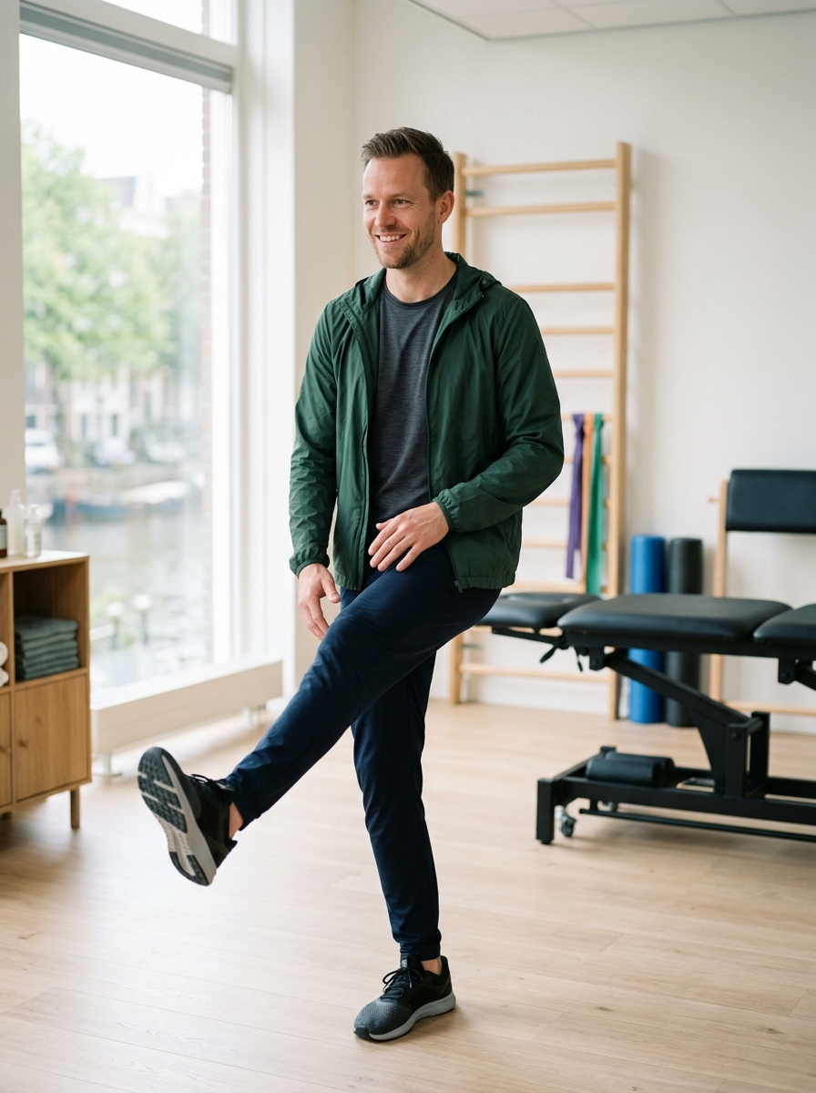 Sport-fysiotherapeut tijdens warm-up oefening