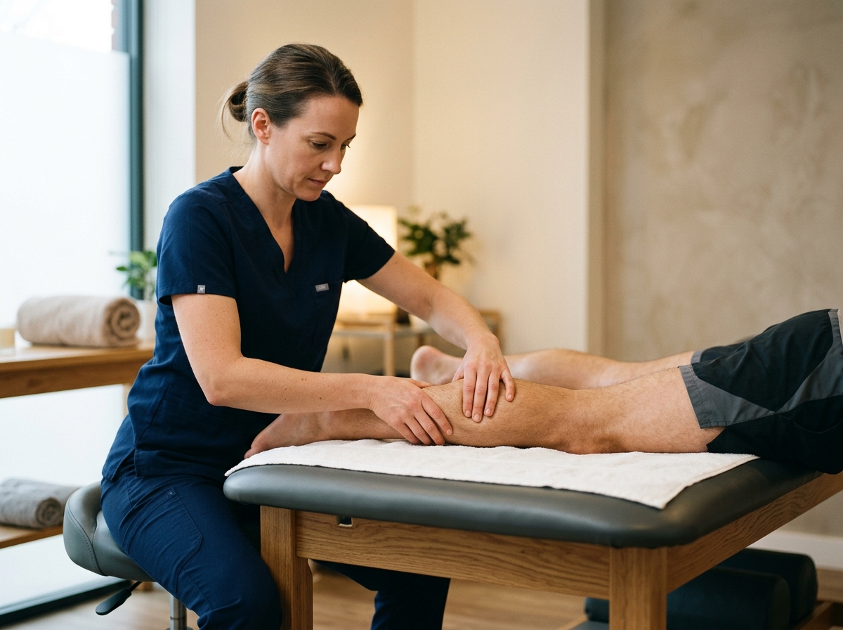 Manuele therapie op kuit, oak treatment-table