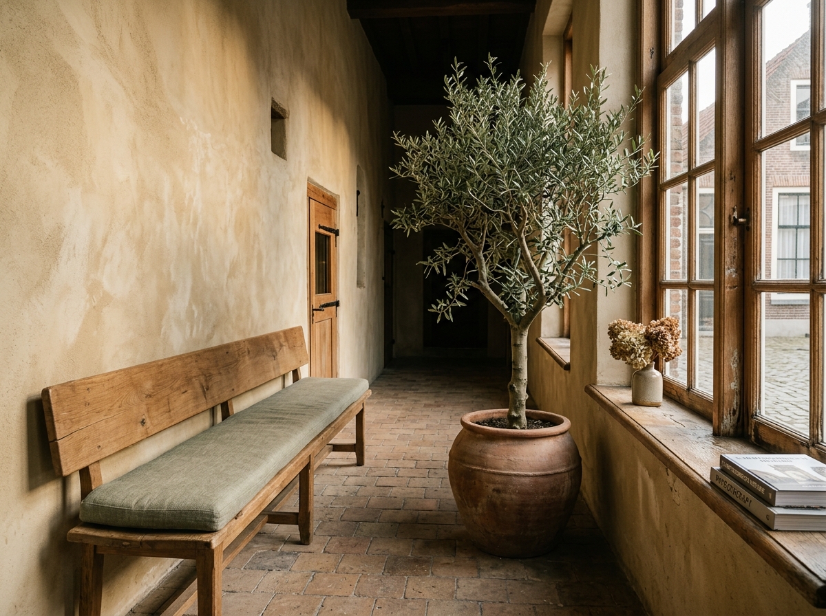 Wachtruimte van Praktijk Houtman — eikenhouten bank, terracotta-pot met olijfboom, oude muur in zacht ochtendlicht