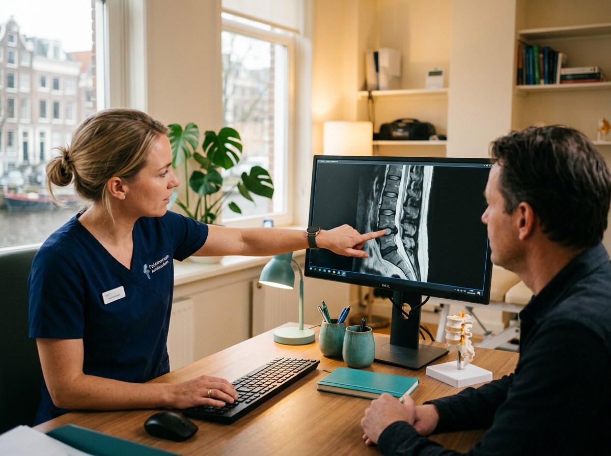 MRI-scan met therapeut die wijst naar de wervelkolom — Kliniek Wendelaar